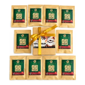 Ten Cups of Christmas gift set: CB’s Singles 10-bag gift box with two each of Mocha, Vanilla, Hazelnut, Butterscotch and Caramel drip bags