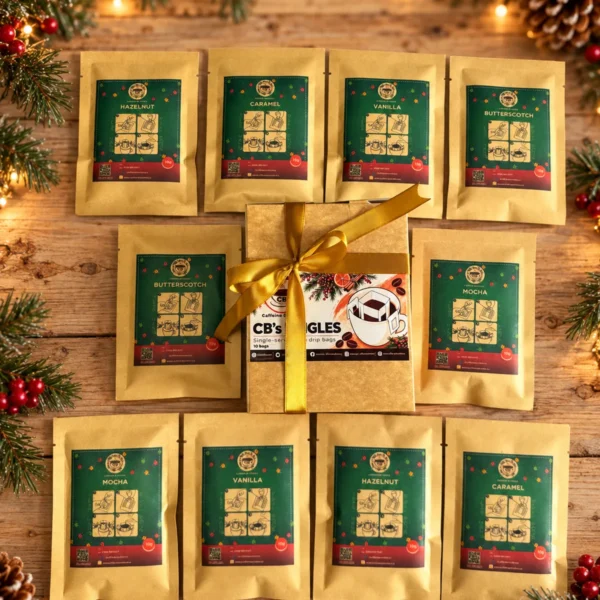 Ten Cups of Christmas gift box and ten flavoured drip bags on a Christmas table